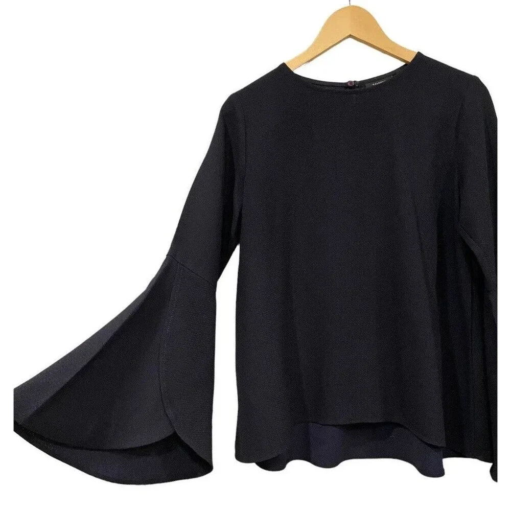 HALOGEN Navy Blue Blouse Flutter Bell Sleeve sz S - Picture 4 of 6